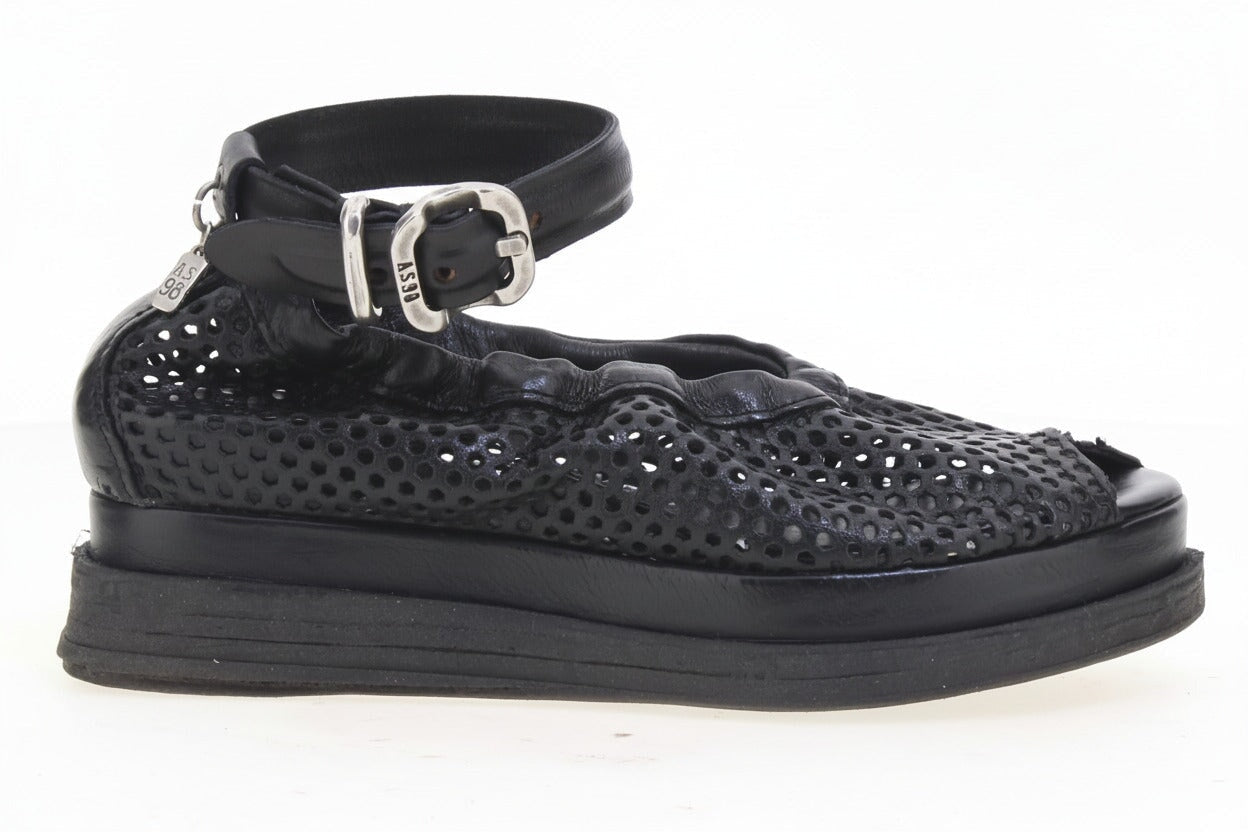 Damen Sandale zehenoffen aus perforiertem Leder in Schwarz mit Fesselriemen Damen Sandalen A.S. 98