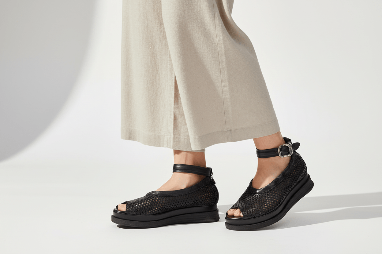 Damen Sandale zehenoffen aus perforiertem Leder in Schwarz mit Fesselriemen Damen Sandalen A.S. 98