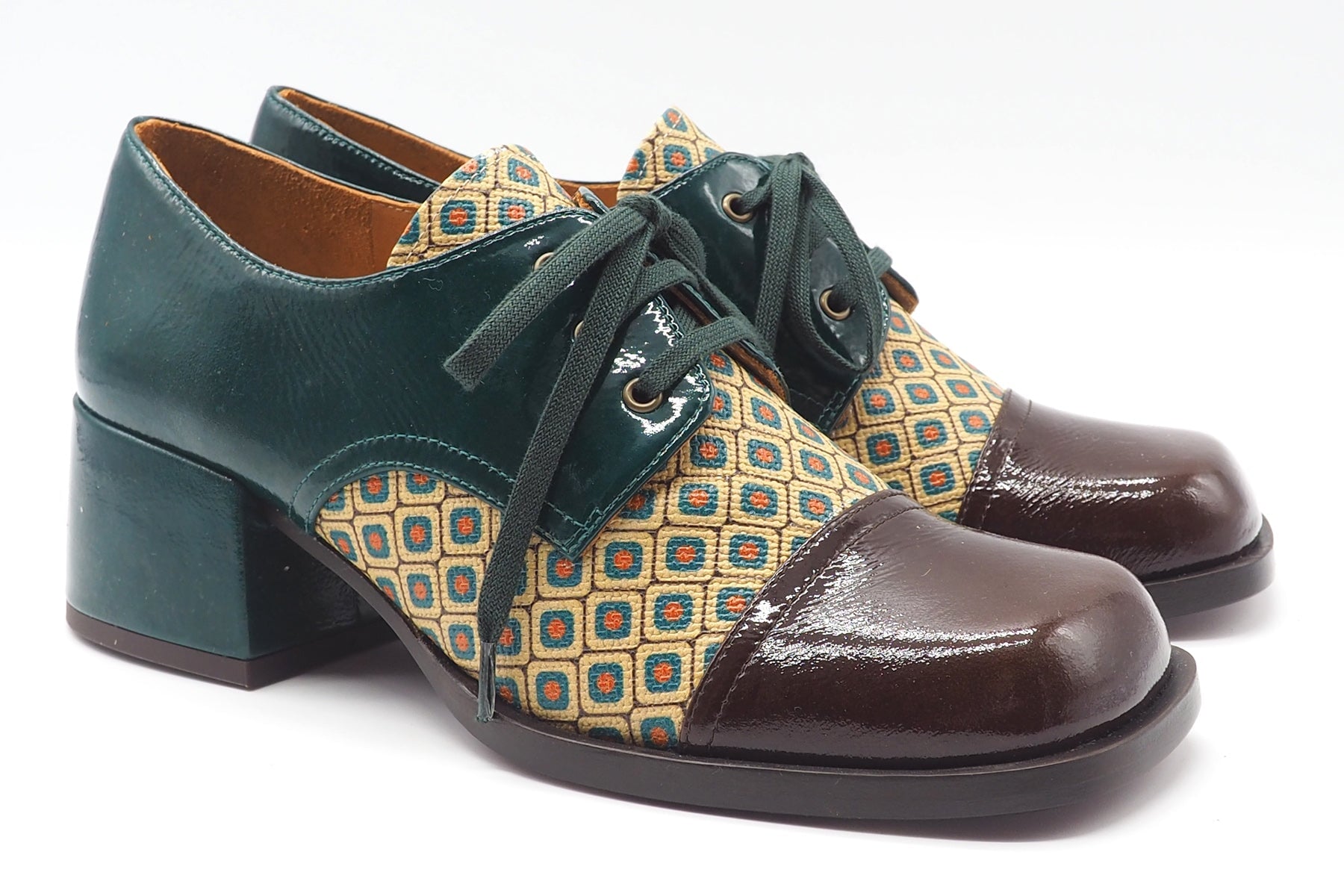 Damen Schnürhalbschuh in Karreeform in Grün & Multicolourleder- Brama Damen Loafers & Schnürer Chie Mihara