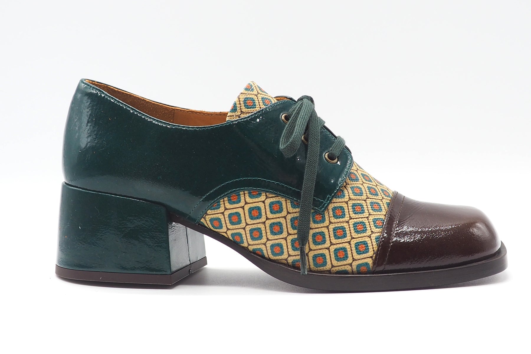 Damen Schnürhalbschuh in Karreeform in Grün & Multicolourleder- Brama Damen Loafers & Schnürer Chie Mihara