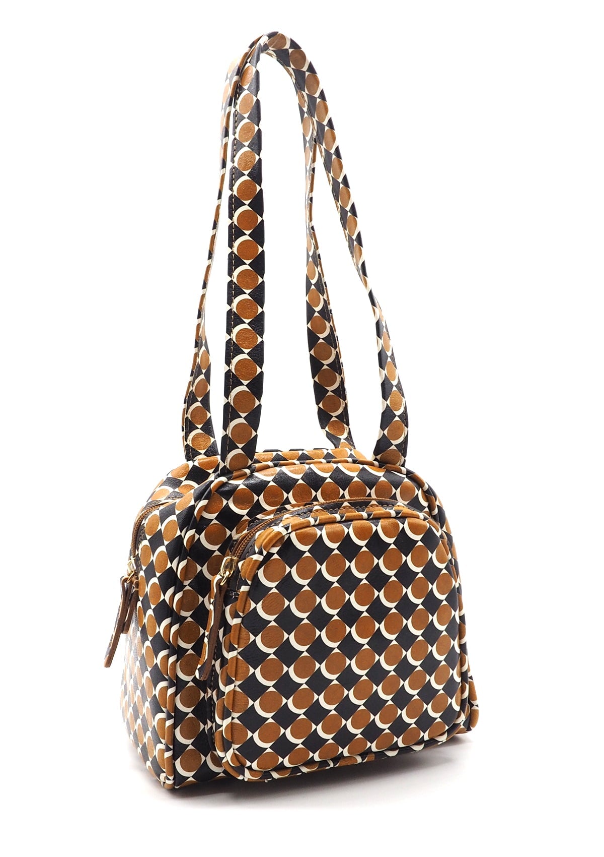 Damen Schultertasche aus grafisch bedrucktem Leder in Braun, Schwarz & Creme Taschen Crossbody & Schultertasche Chie Mihara