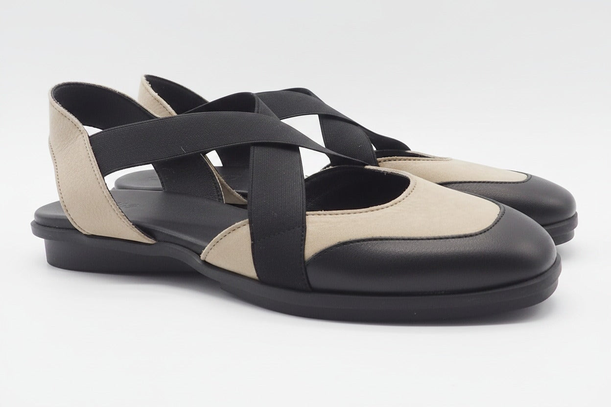 Damen Sling aus Leder in Schwarz & Creme mit Ristriemen auf Naturkautschuksohle - Dinaby Damen Sling Arche