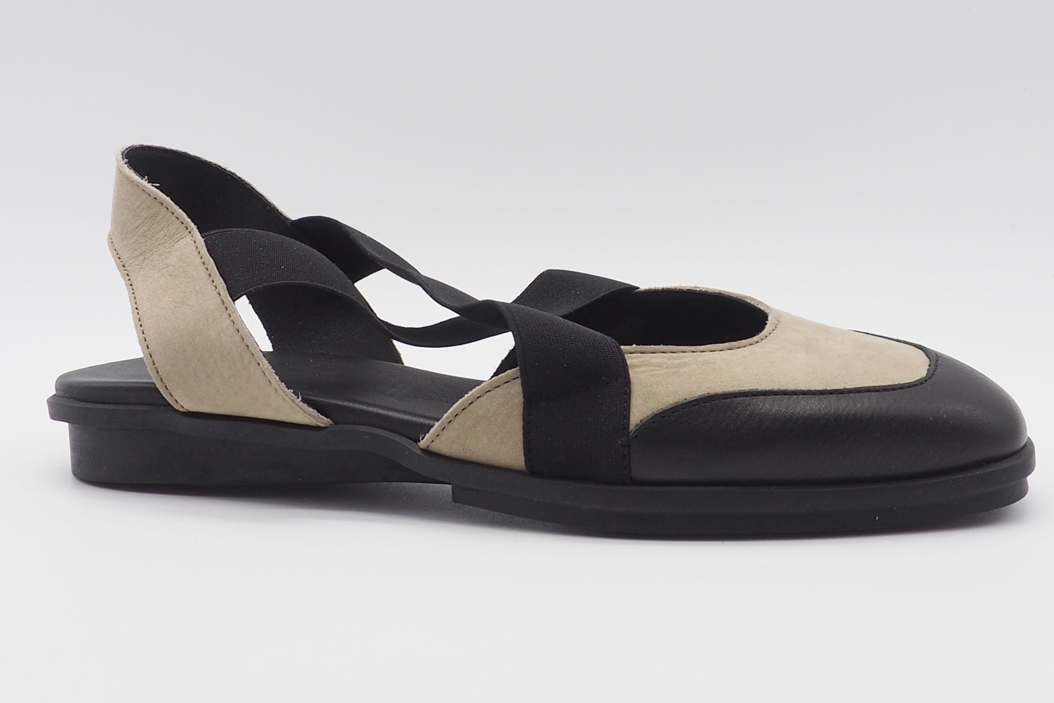 Damen Sling aus Leder in Schwarz & Creme mit Ristriemen auf Naturkautschuksohle - Dinaby Damen Sling Arche