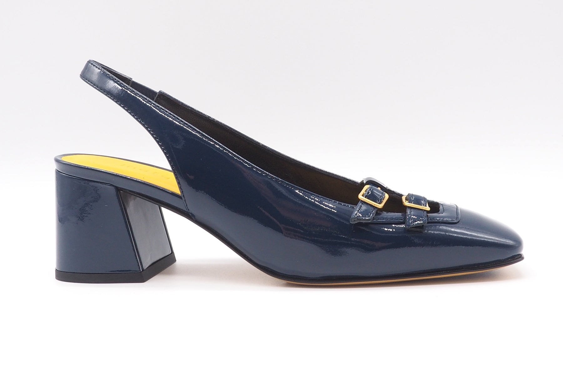 Damen Slings in Karreeform aus Lackleder in Blau - Blockabsatz 6 cm Damen Pumps & Slings Mara Bini