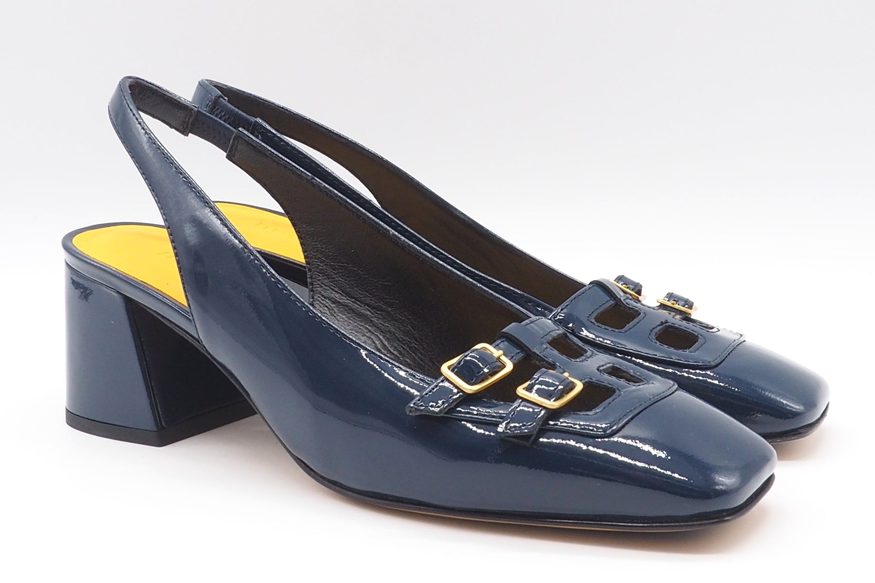 Damen Slings in Karreeform aus Lackleder in Blau - Blockabsatz 6 cm Damen Pumps & Slings Mara Bini