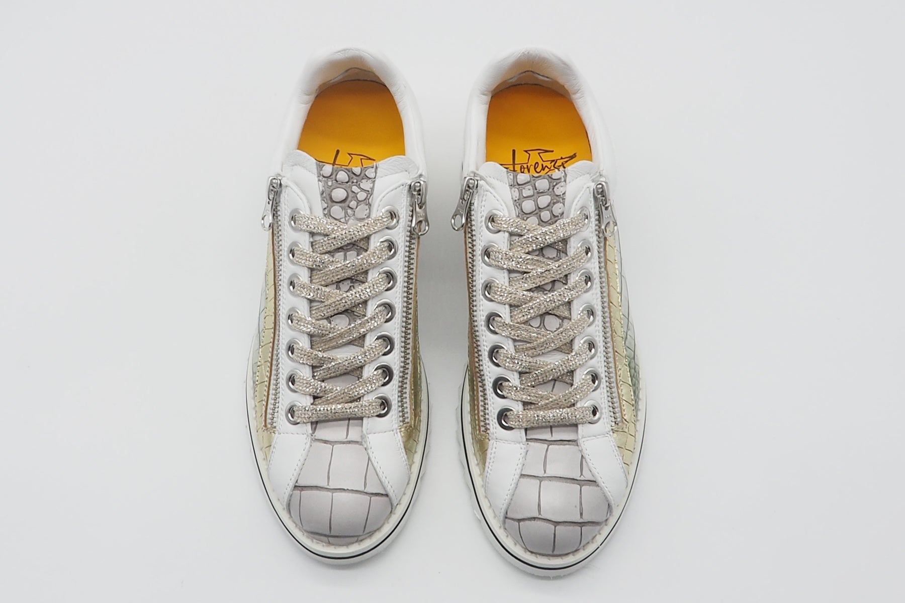 Damen Sneaker im Bowlingstil aus geprägtem Leder in Grün, Gold, Grau & Weiss Damen Sneaker Lorenzi