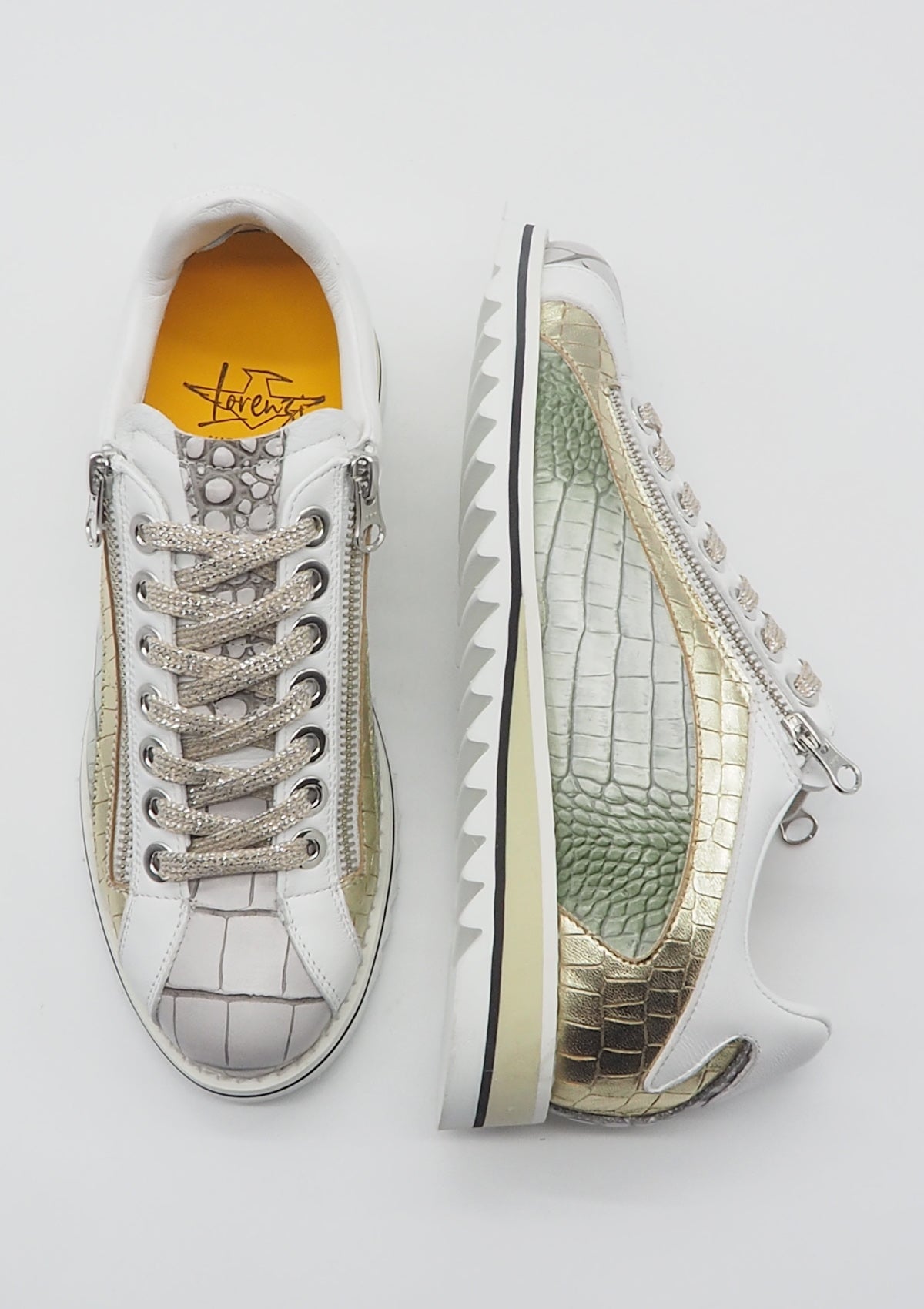 Damen Sneaker im Bowlingstil aus geprägtem Leder in Grün, Gold, Grau & Weiss Damen Sneaker Lorenzi