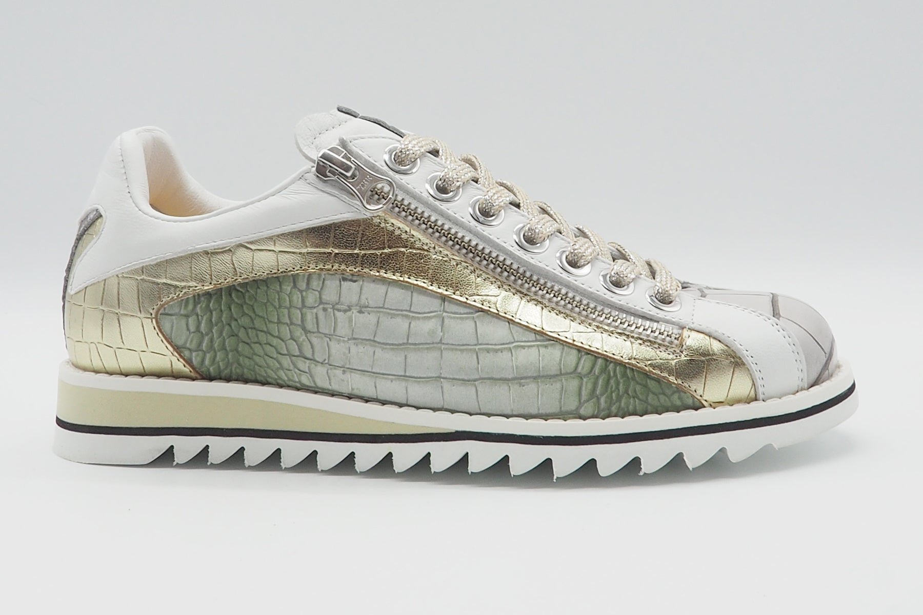 Damen Sneaker im Bowlingstil aus geprägtem Leder in Grün, Gold, Grau & Weiss Damen Sneaker Lorenzi