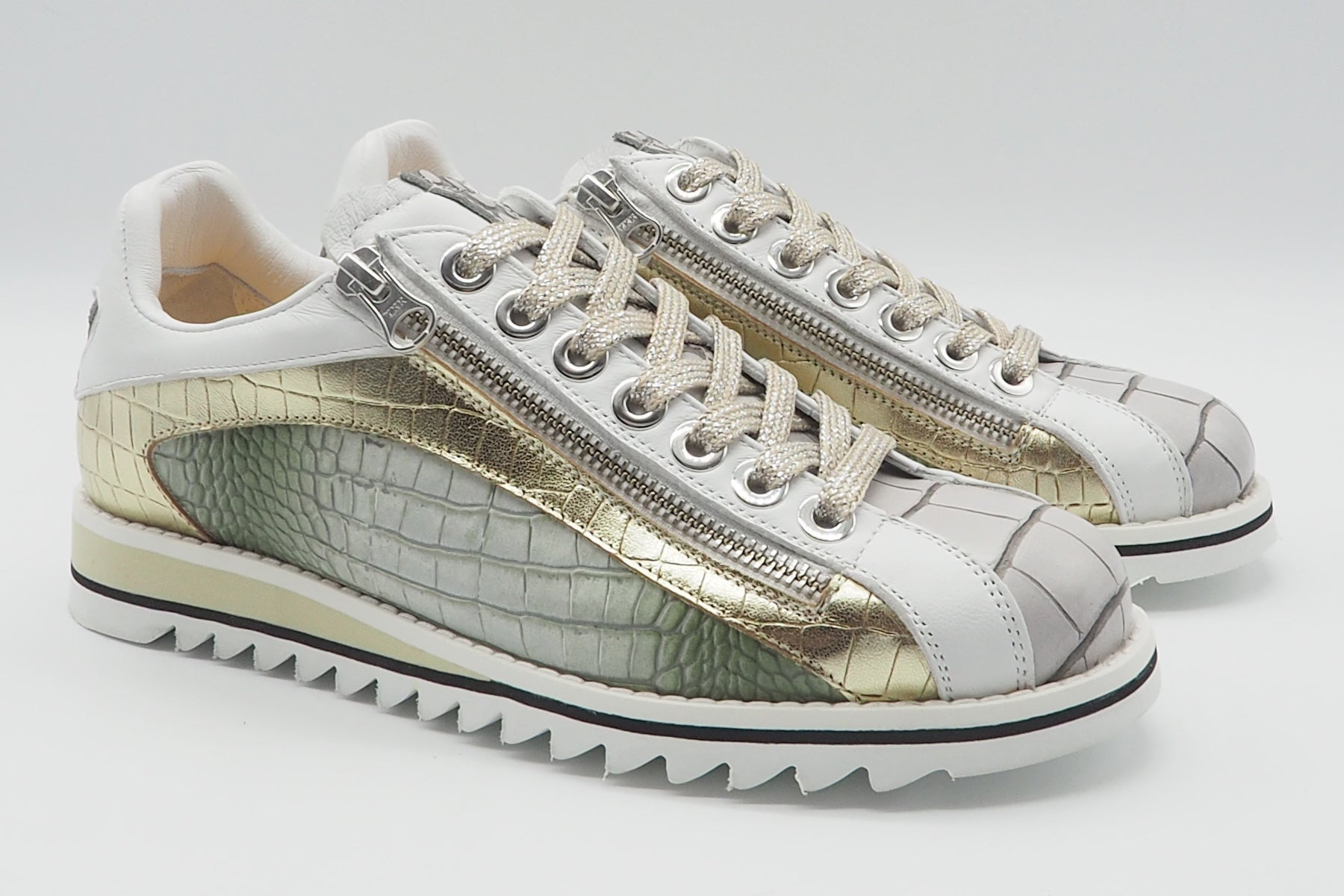 Damen Sneaker im Bowlingstil aus geprägtem Leder in Grün, Gold, Grau & Weiss Damen Sneaker Lorenzi
