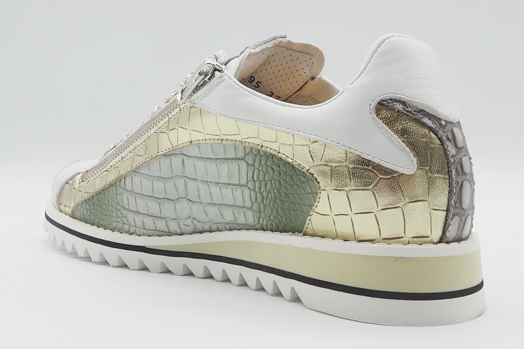 Damen Sneaker im Bowlingstil aus geprägtem Leder in Grün, Gold, Grau & Weiss Damen Sneaker Lorenzi
