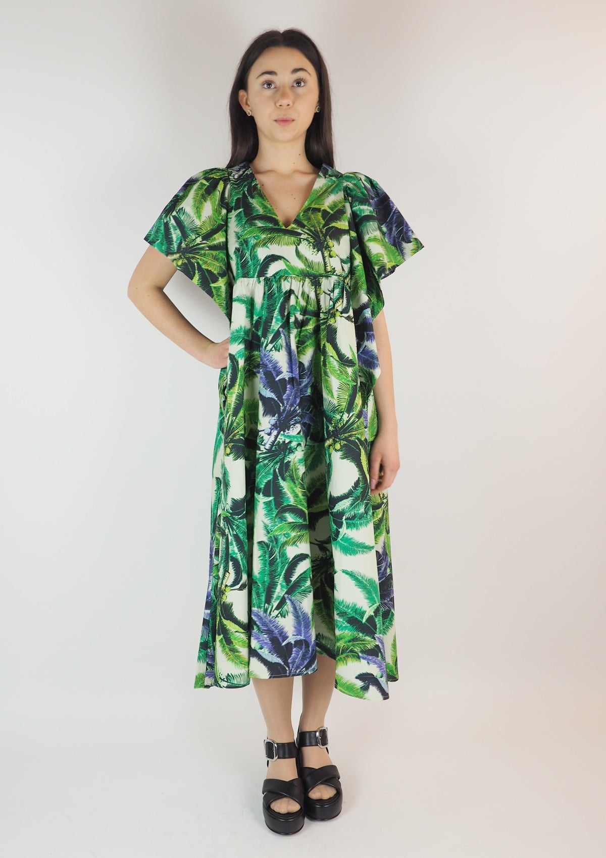 Damen Sommerkleid aus Baumwolle mit Print in Creme & Grün & Lila Damen Kleid Psophia