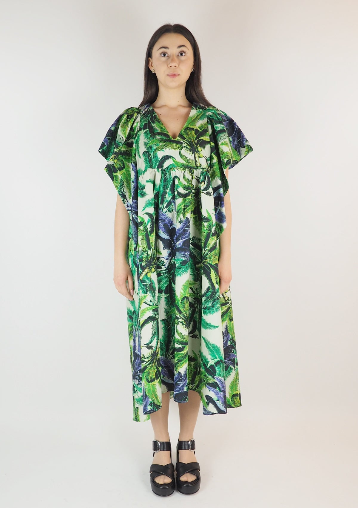 Damen Sommerkleid aus Baumwolle mit Print in Creme & Grün & Lila Damen Kleid Psophia