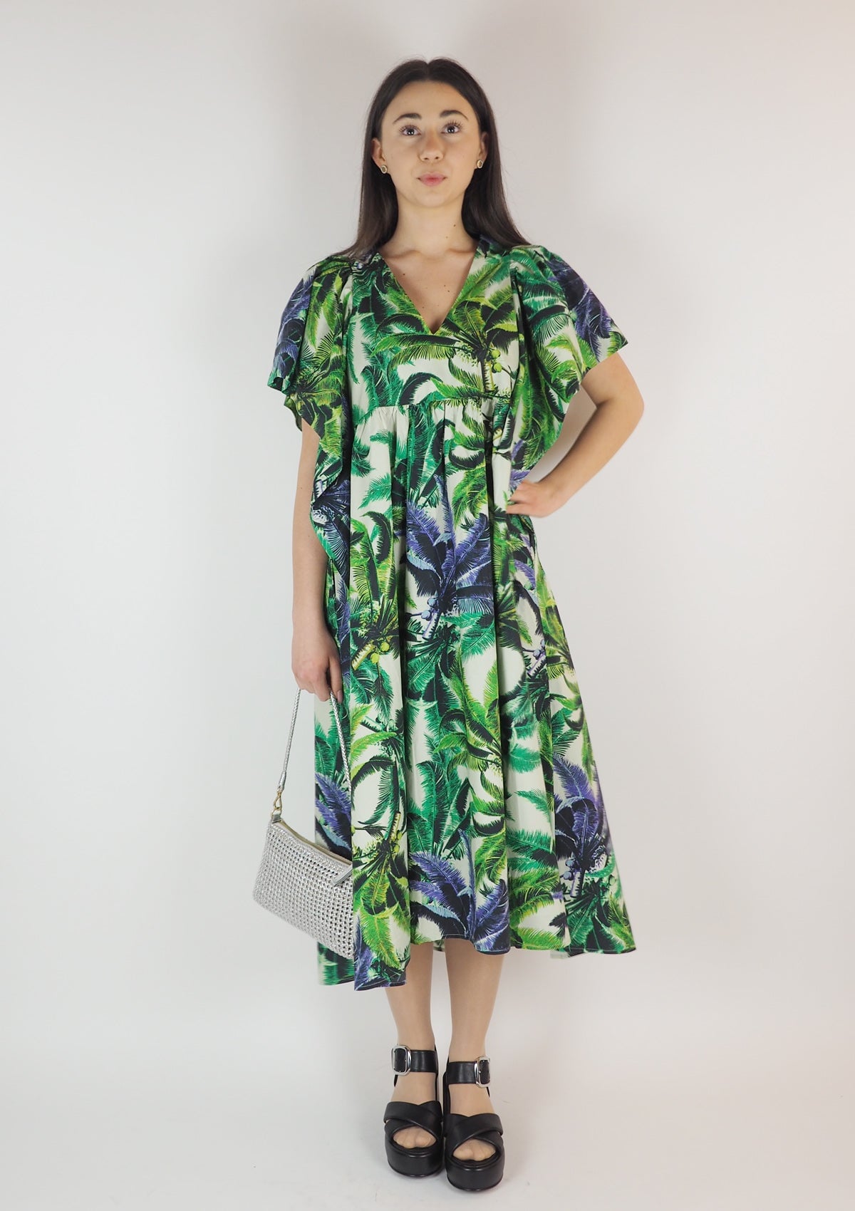 Damen Sommerkleid aus Baumwolle mit Print in Creme & Grün & Lila Damen Kleid Psophia