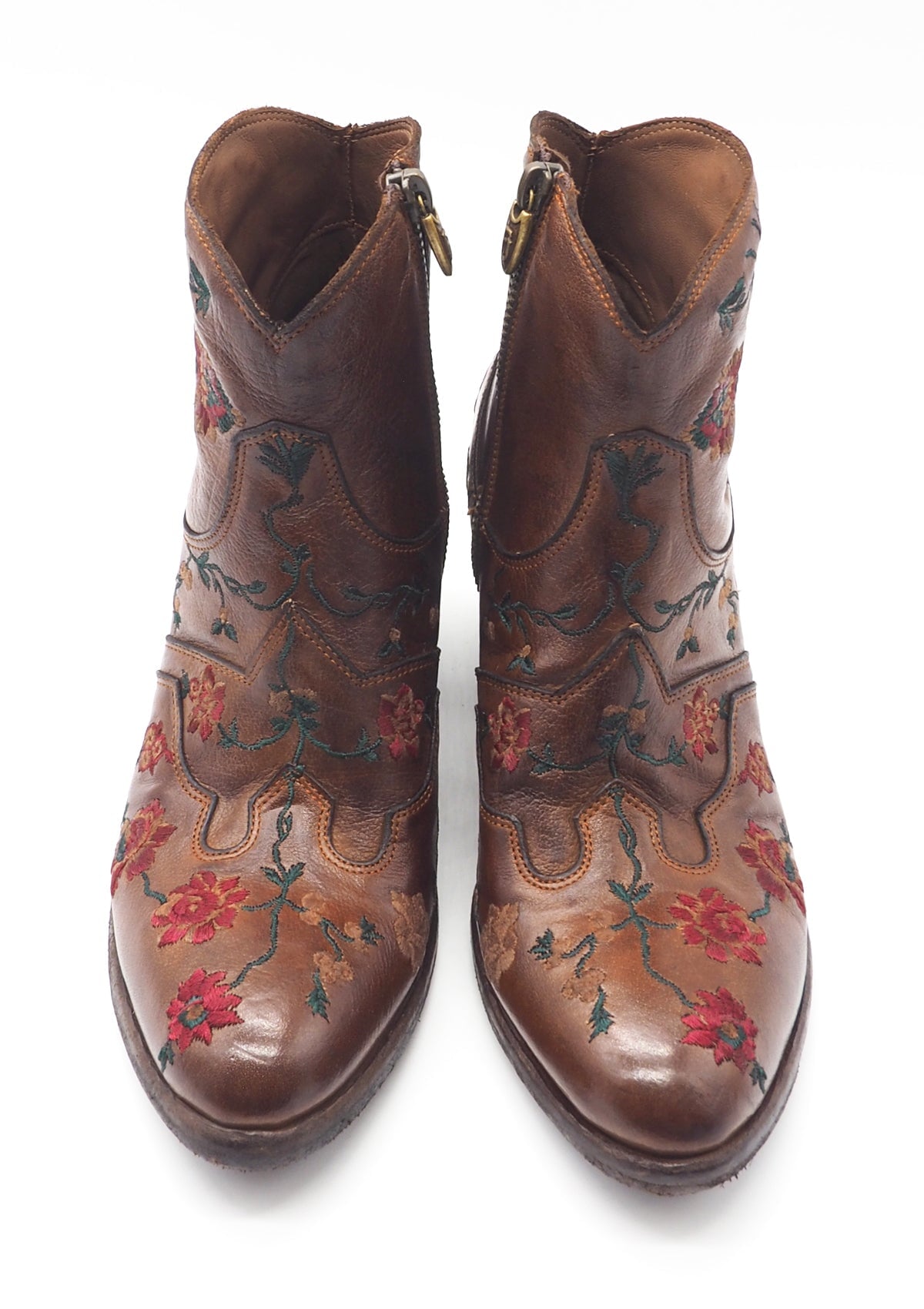 Damen Vintage Stiefelette im Westernstil mit Blüten bestickt - in Braun - 6cm Absatz Damen Stiefeletten Fauzian Jeunesse