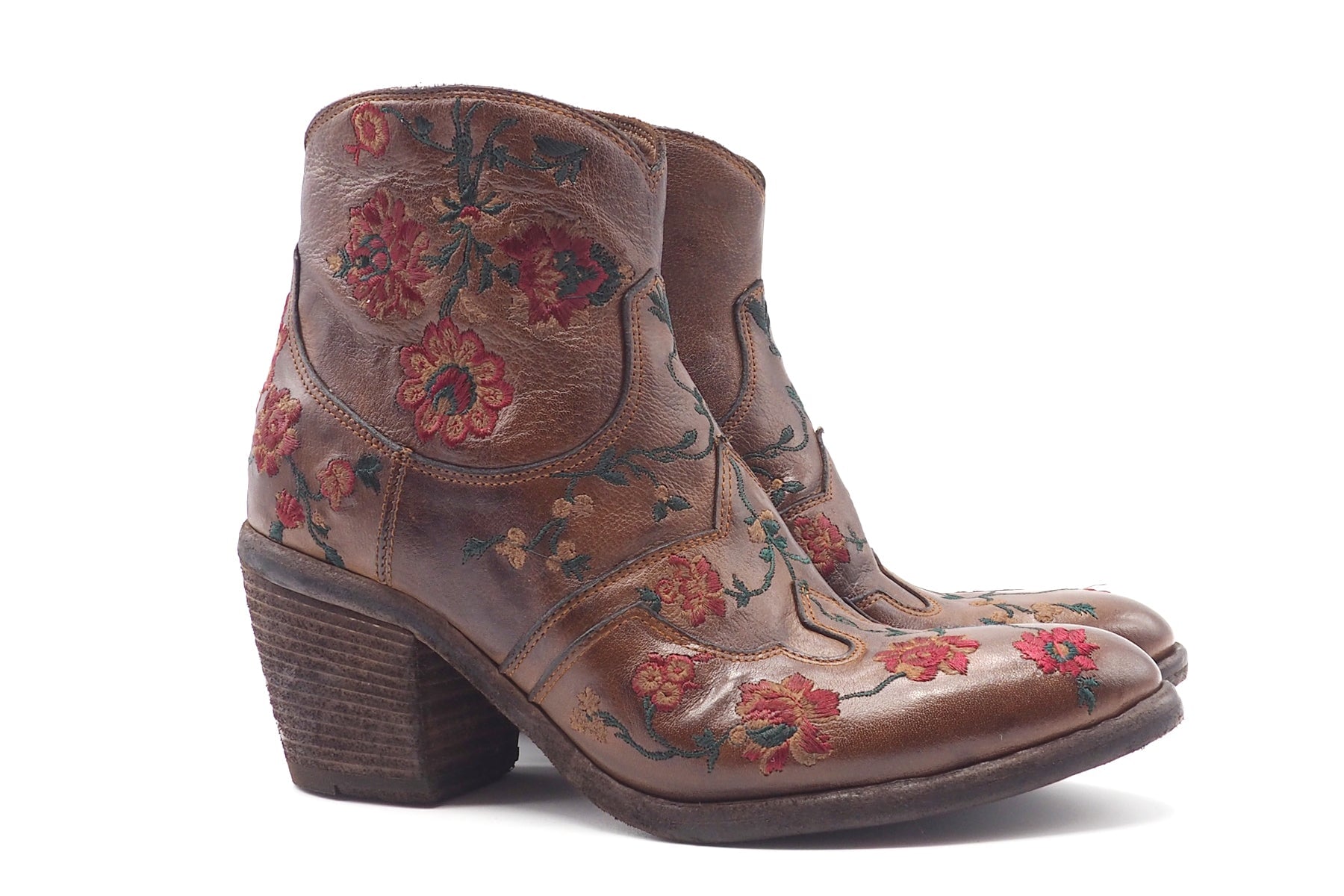 Damen Vintage Stiefelette im Westernstil mit Blüten bestickt - in Braun - 6cm Absatz Damen Stiefeletten Fauzian Jeunesse