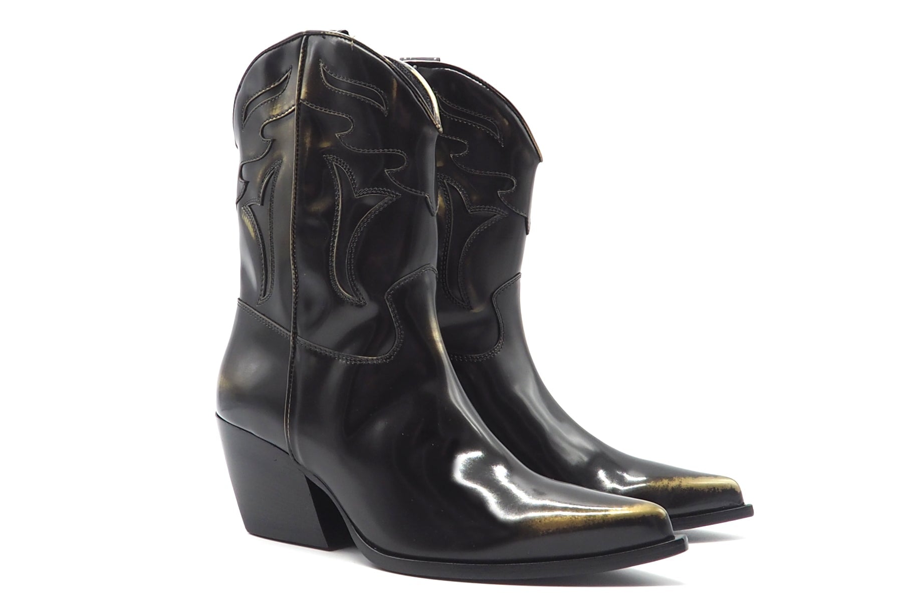 Damen Western-Stiefel aus Glanzleder in Schwarz & Gold - Absatz 7cm Damen Stiefel Elena Iachi