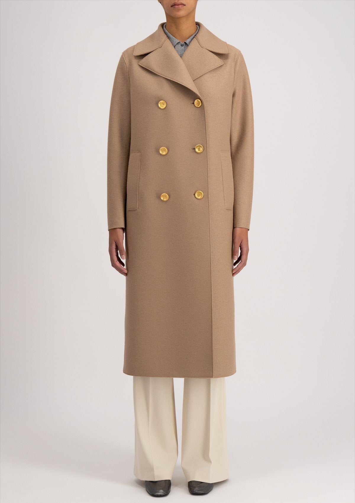 Doppelreihiger Damenmantel aus 100% Wolle in Caramel Damen Mantel Harris Wharf London