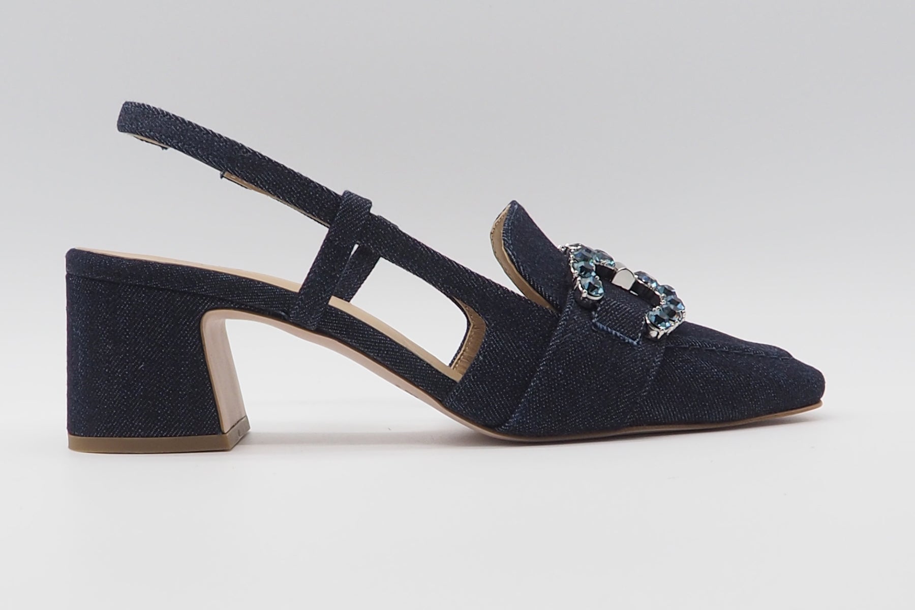 Eleganter Damen Sling aus Denim in Blau mit Strassspange Damen Pumps & Slings Frau
