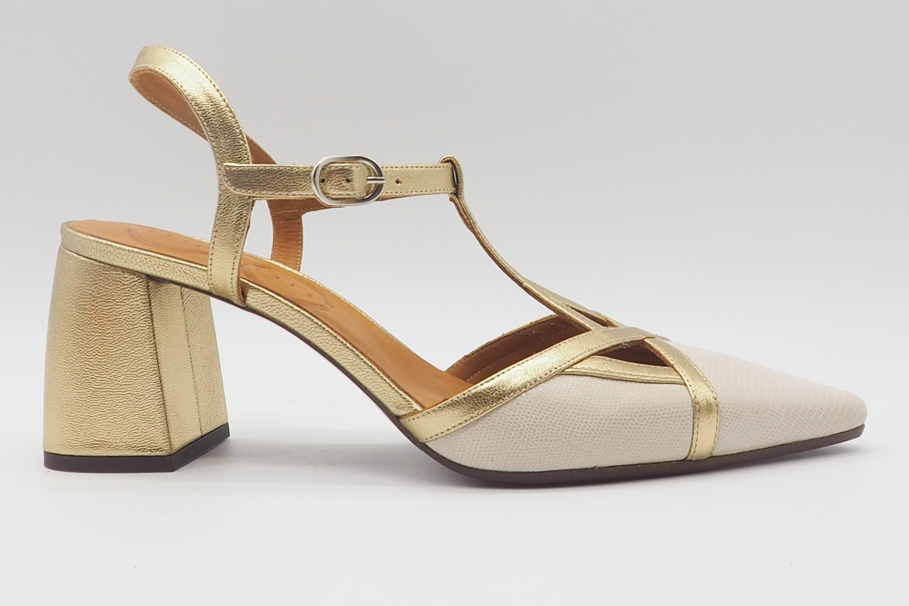 Eleganter Damen Sling aus Sand & Gold mit T-Spange & Blockabsatz 7 cm - Acatia Damen Pumps & Slings Chie Mihara