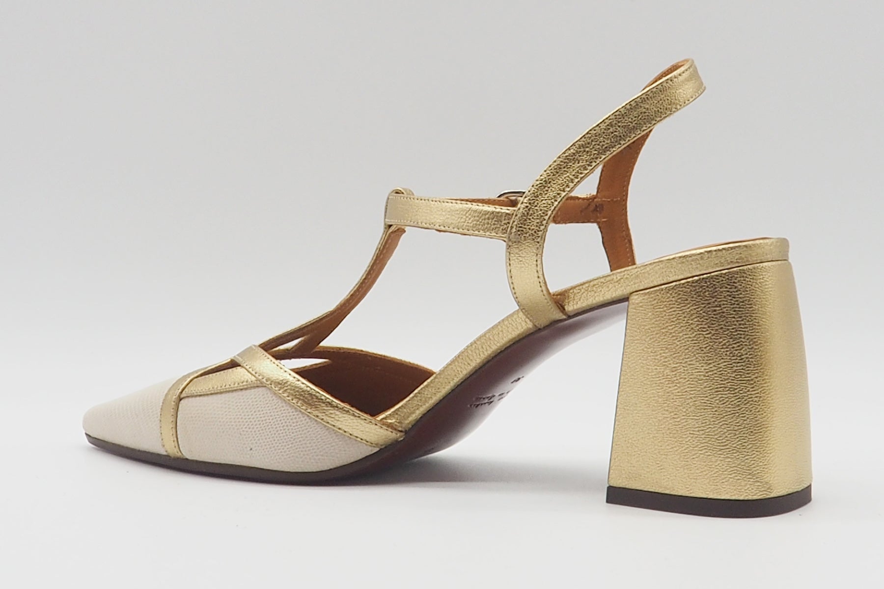 Eleganter Damen Sling aus Sand & Gold mit T-Spange & Blockabsatz 7 cm - Acatia Damen Pumps & Slings Chie Mihara