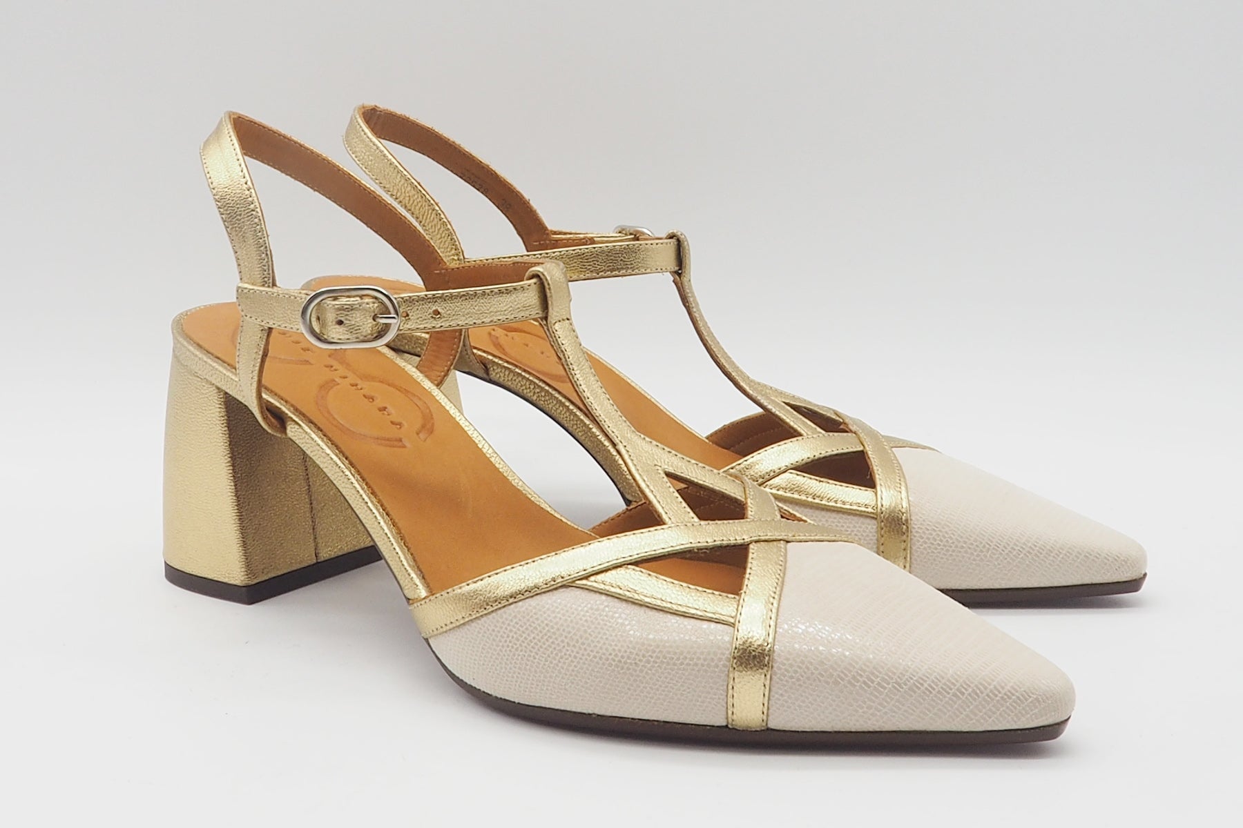 Eleganter Damen Sling aus Sand & Gold mit T-Spange & Blockabsatz 7 cm - Acatia Damen Pumps & Slings Chie Mihara