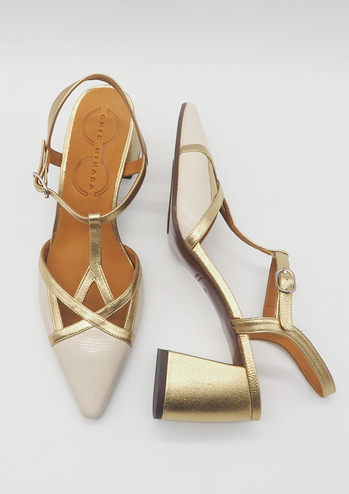 Eleganter Damen Sling aus Sand & Gold mit T-Spange & Blockabsatz 7 cm - Acatia Damen Pumps & Slings Chie Mihara