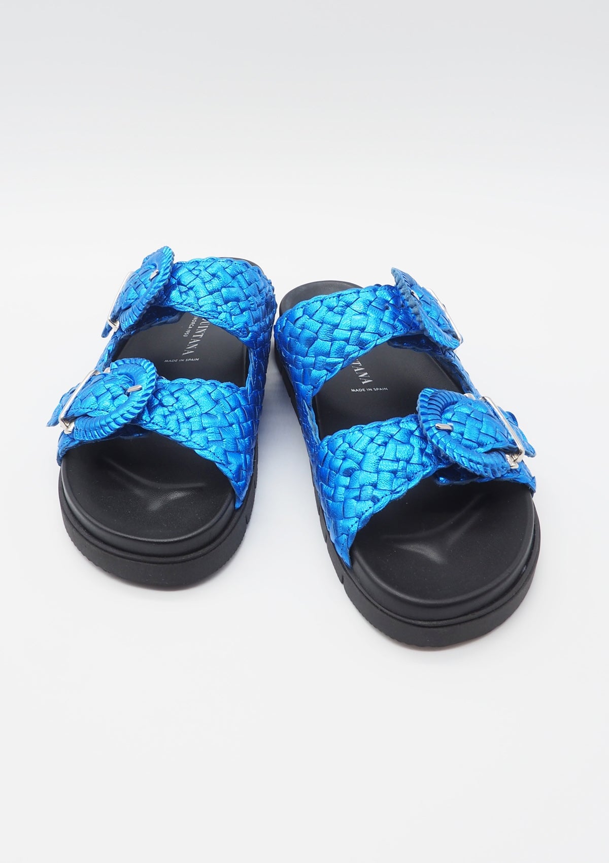 Geflochtener Damen Pantoffel in Metallicleder in Royalblau - mit Fußbett Damen Pantoffel Pons Quintana