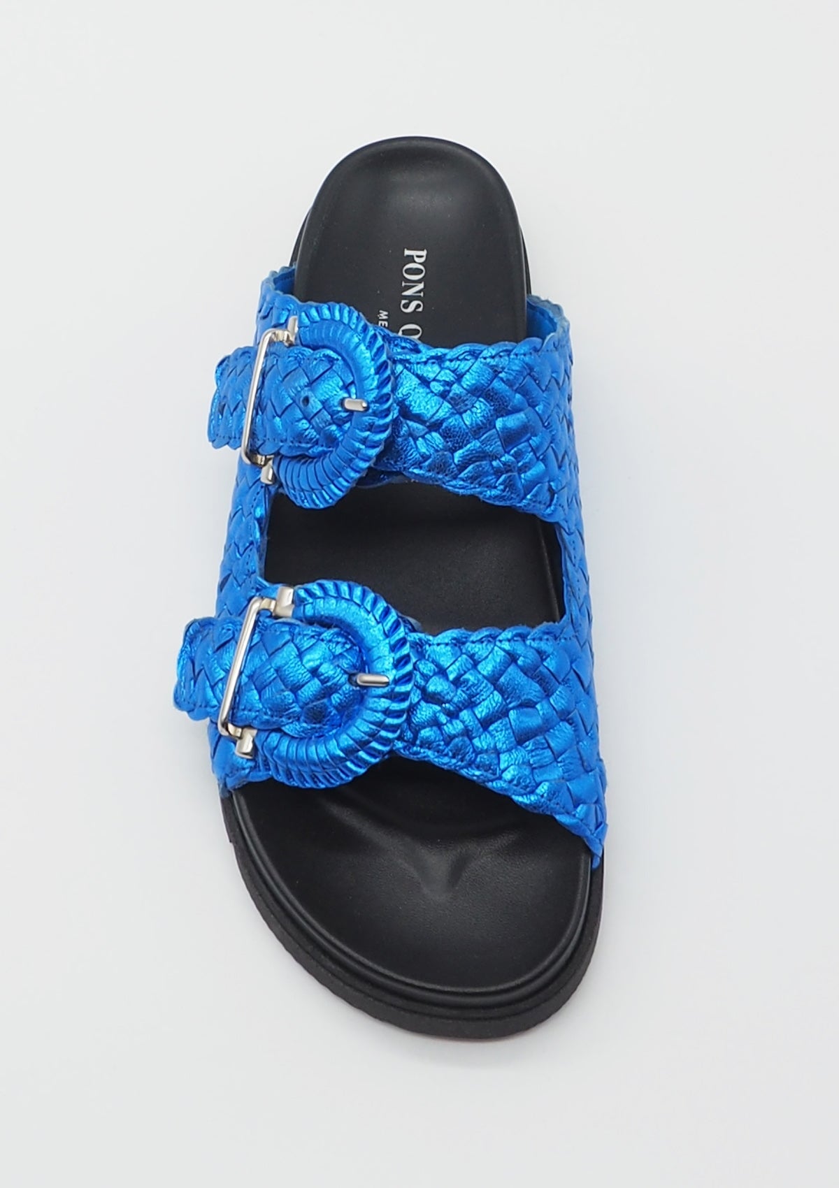 Geflochtener Damen Pantoffel in Metallicleder in Royalblau - mit Fußbett Damen Pantoffel Pons Quintana