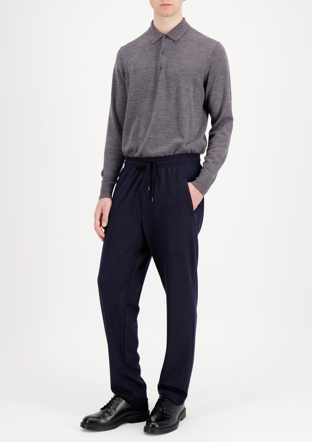 Hochwertige Herren Jogginghose aus Merinowolle aus Vitale Barberis Stoff in Blau melangiert Herren Hose Harris Wharf London