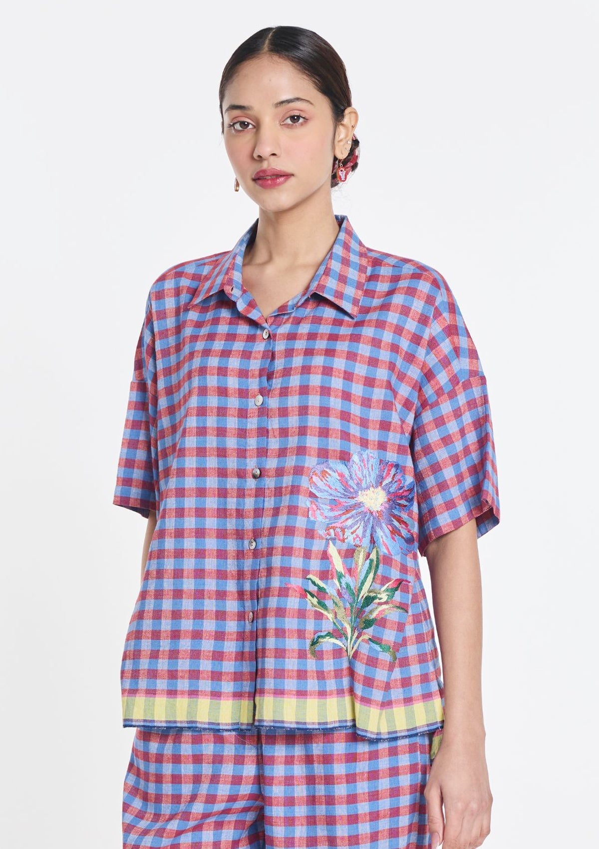 Karierter Rock aus Baumwolle & Leinen in Blau & Rot mit elastischem Bund Damen Rock Payal Pratap