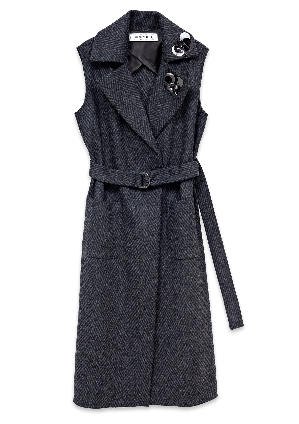 Langer Damen Giletmantel gemustert aus Wolle & Nylon in Schwarz & Militarygrün Damen Mantel SHIRTAPORTER