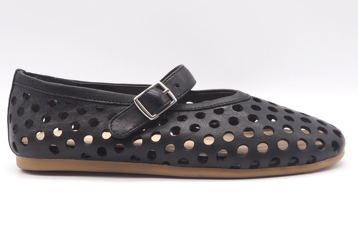 Mary-Jane Damen Ballerina aus perforiertem Leder in Schwarz mit Ristspange Damen Ballerinas Werner