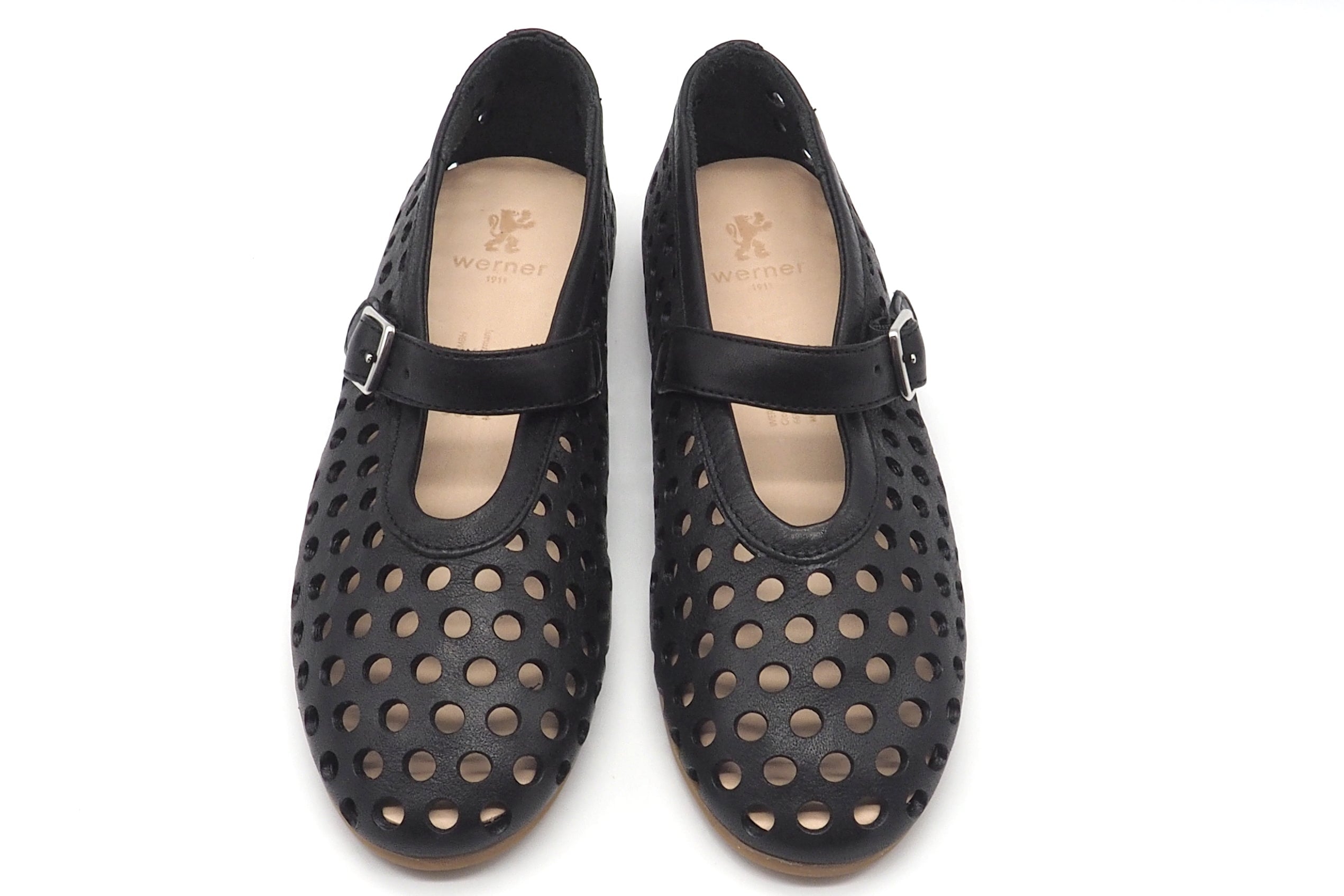 Mary-Jane Damen Ballerina aus perforiertem Leder in Schwarz mit Ristspange Damen Ballerinas Werner