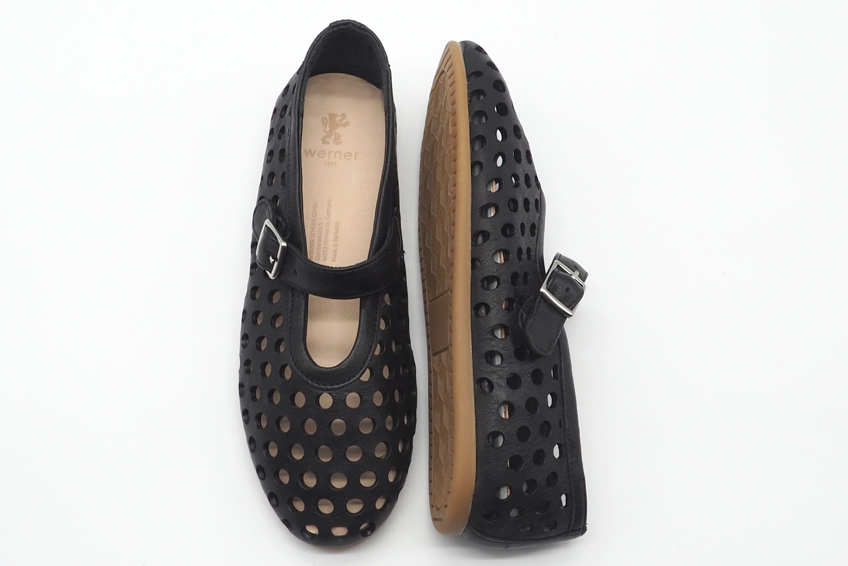 Mary-Jane Damen Ballerina aus perforiertem Leder in Schwarz mit Ristspange Damen Ballerinas Werner