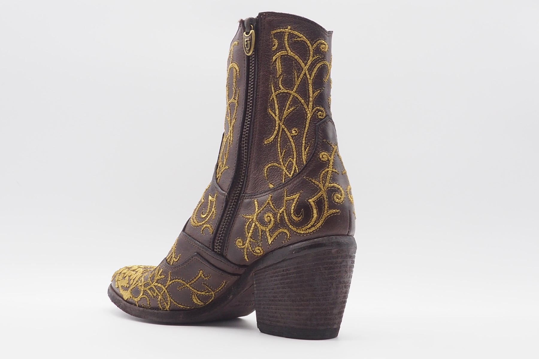 Opulent mit Gold bestickte braune Damen Stiefeletten im Westernstil - Hand gefertigt Damen Stiefeletten Fauzian Jeunesse