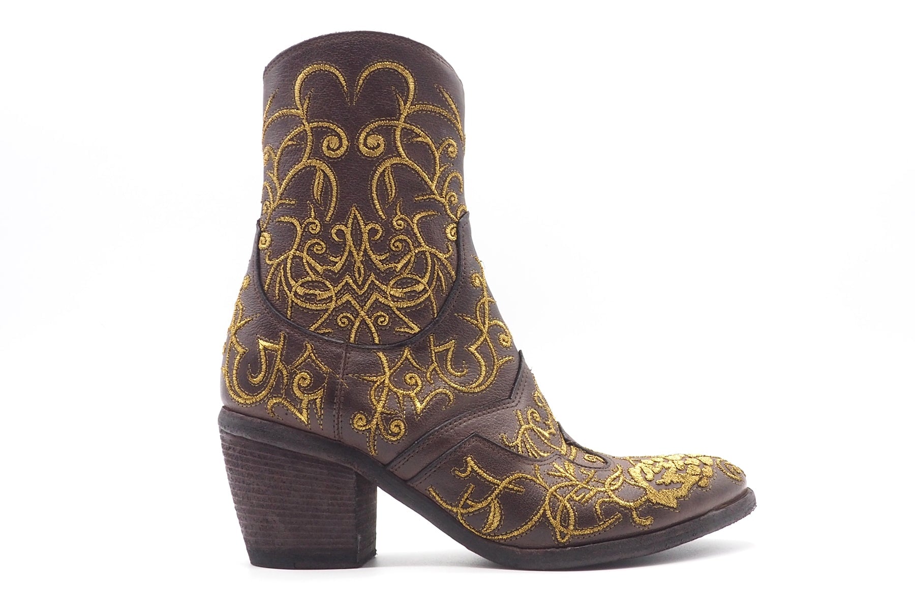 Opulent mit Gold bestickte braune Damen Stiefeletten im Westernstil - Hand gefertigt Damen Stiefeletten Fauzian Jeunesse