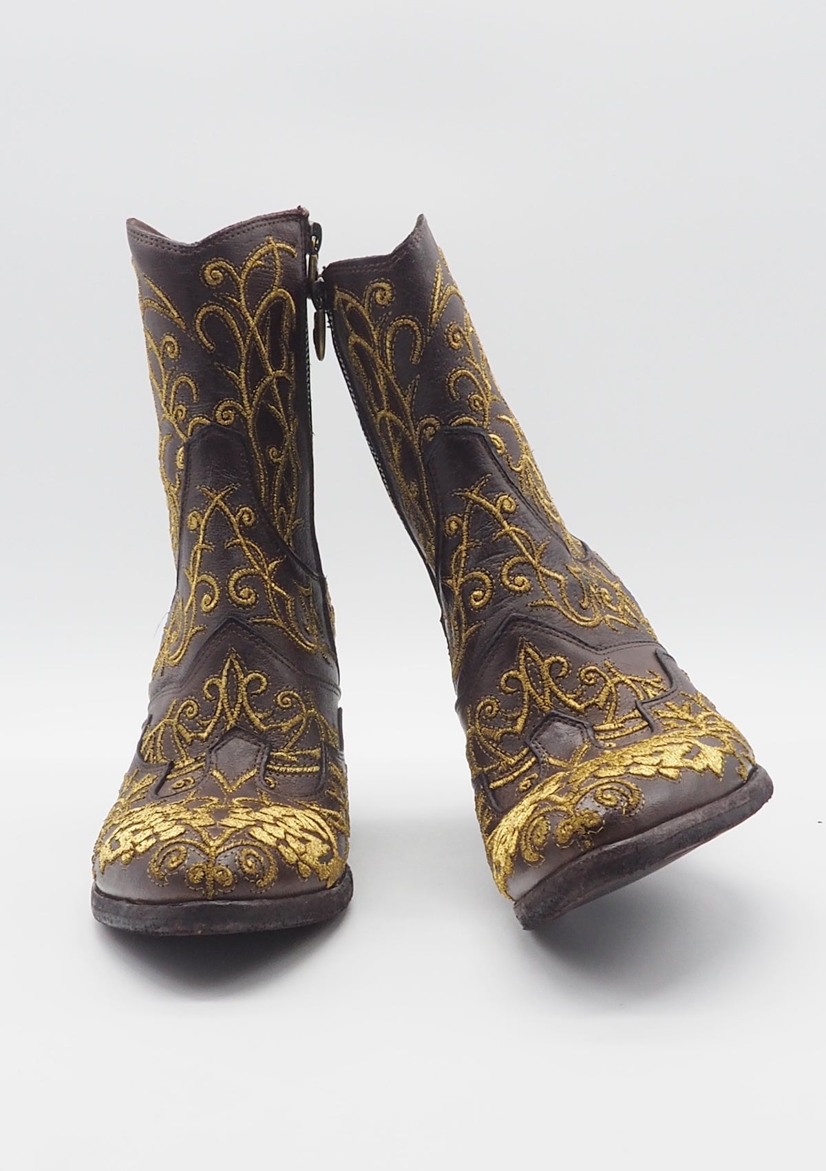 Opulent mit Gold bestickte braune Damen Stiefeletten im Westernstil - Hand gefertigt Damen Stiefeletten Fauzian Jeunesse
