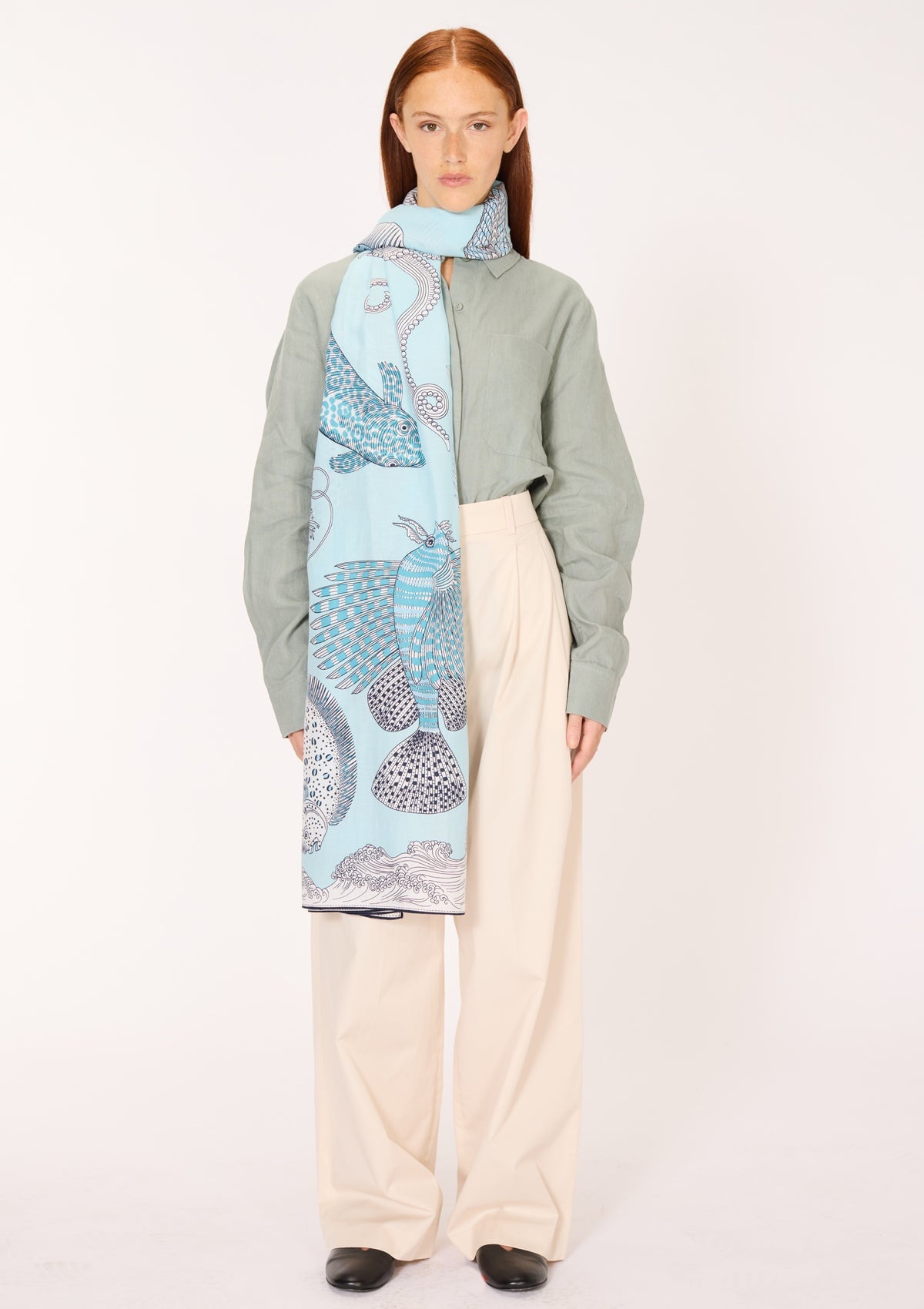 Schal aus Baumwolle & Seide mit Unterwasserwelt in Türkisblau - Poseidon Accessoires Tücher & Schals Inoui E.