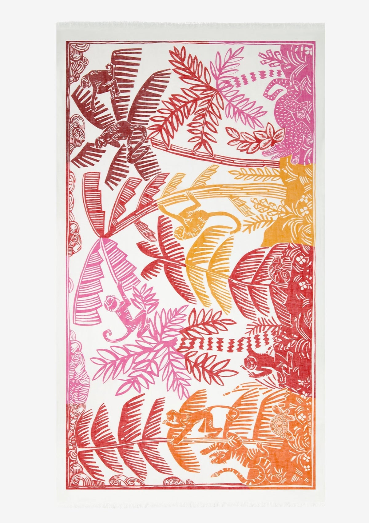 Schal aus Leinen & Baumwolle mit Palmen & Äffchen in Rot - Jungle Accessoires Tücher & Schals Inoui E.