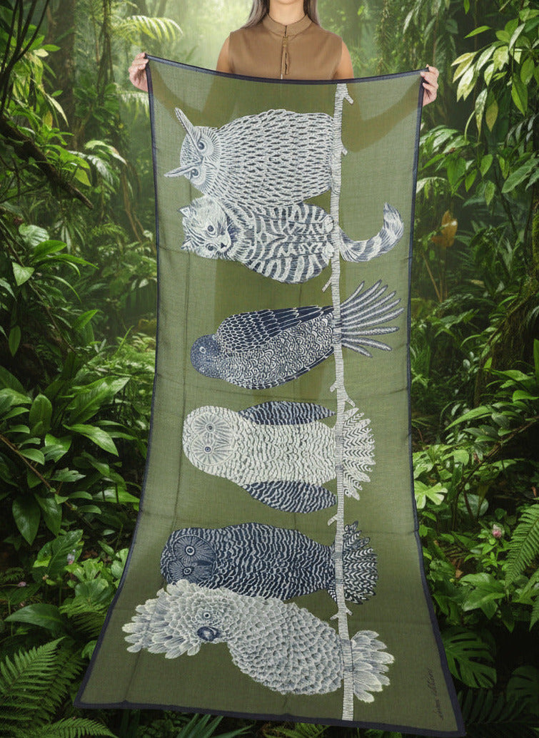 Schal aus Wolle mit Eulen & Katzen in Grün - Chouette Damen Accessoires Tücher & Schals Inoui E.
