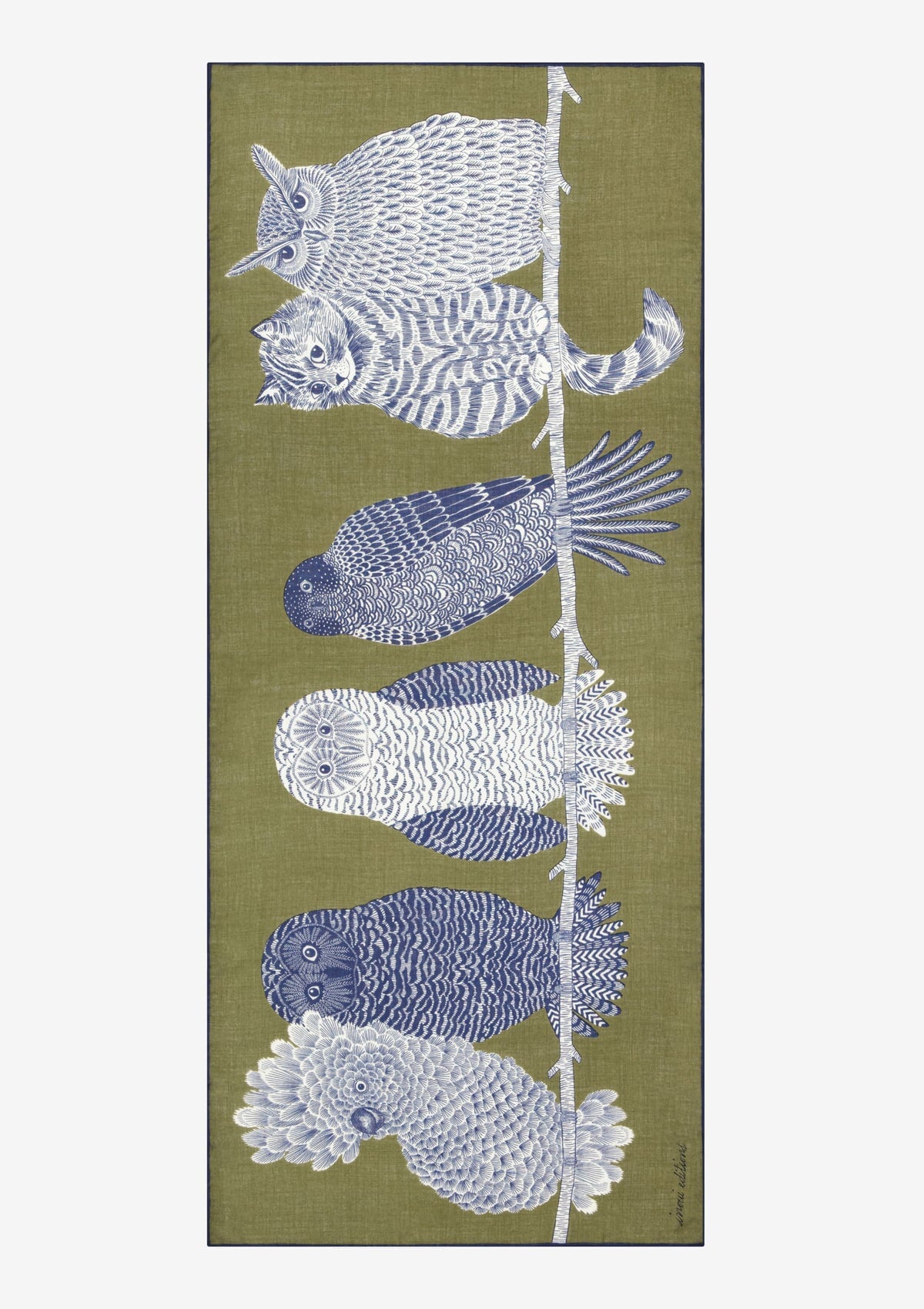 Schal aus Wolle mit Eulen & Katzen in Grün - Chouette Damen Accessoires Tücher & Schals Inoui E.