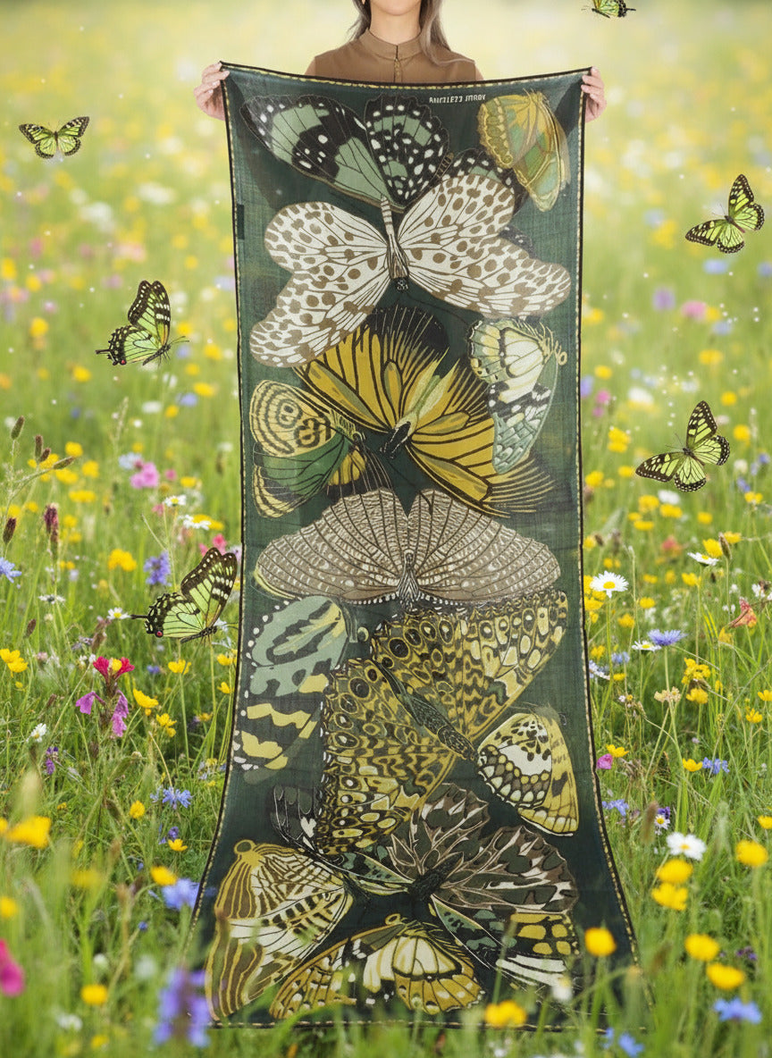 Schal aus Wolle mit Schmetterlingen in Grün - Papillions Damen Accessoires Tücher & Schals Inoui E.