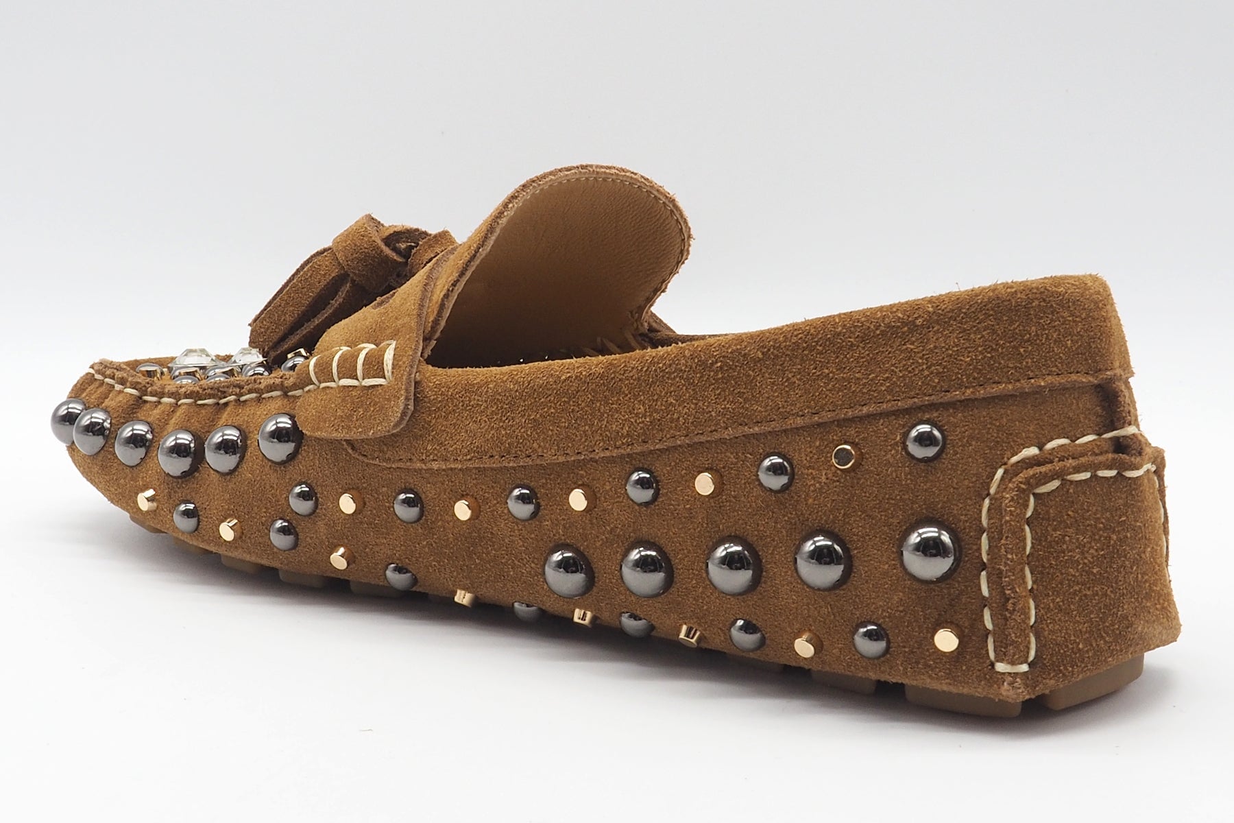 Stylischer Damen Moccassin aus Velours in Braun mit Nieten & Steinen Damen Loafers & Schnürer Strategia