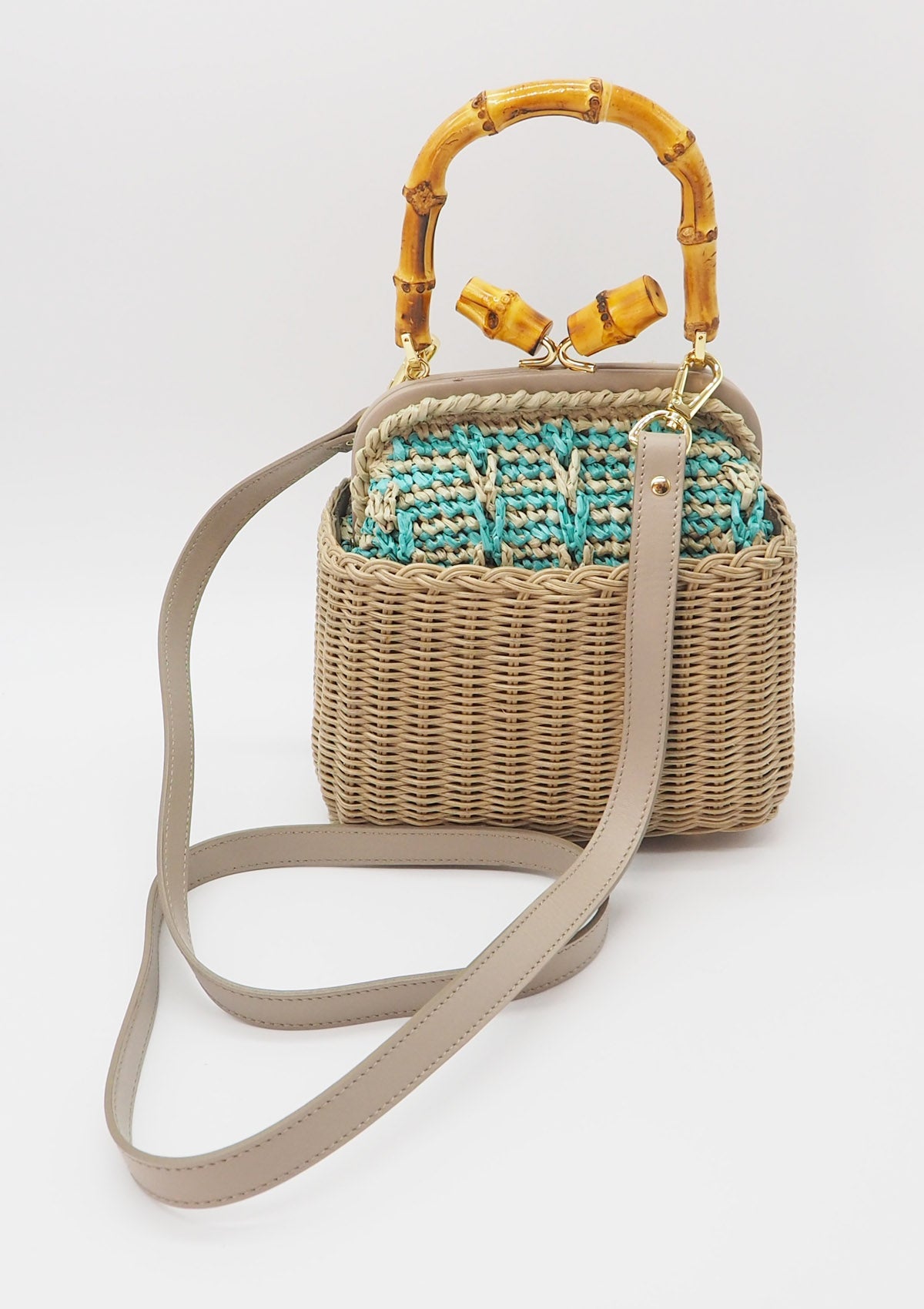 Crossbody-Tasche aus geflochtener Weide, Bast & Bambusgriff in Tope & Petrol Handtaschen Capaf