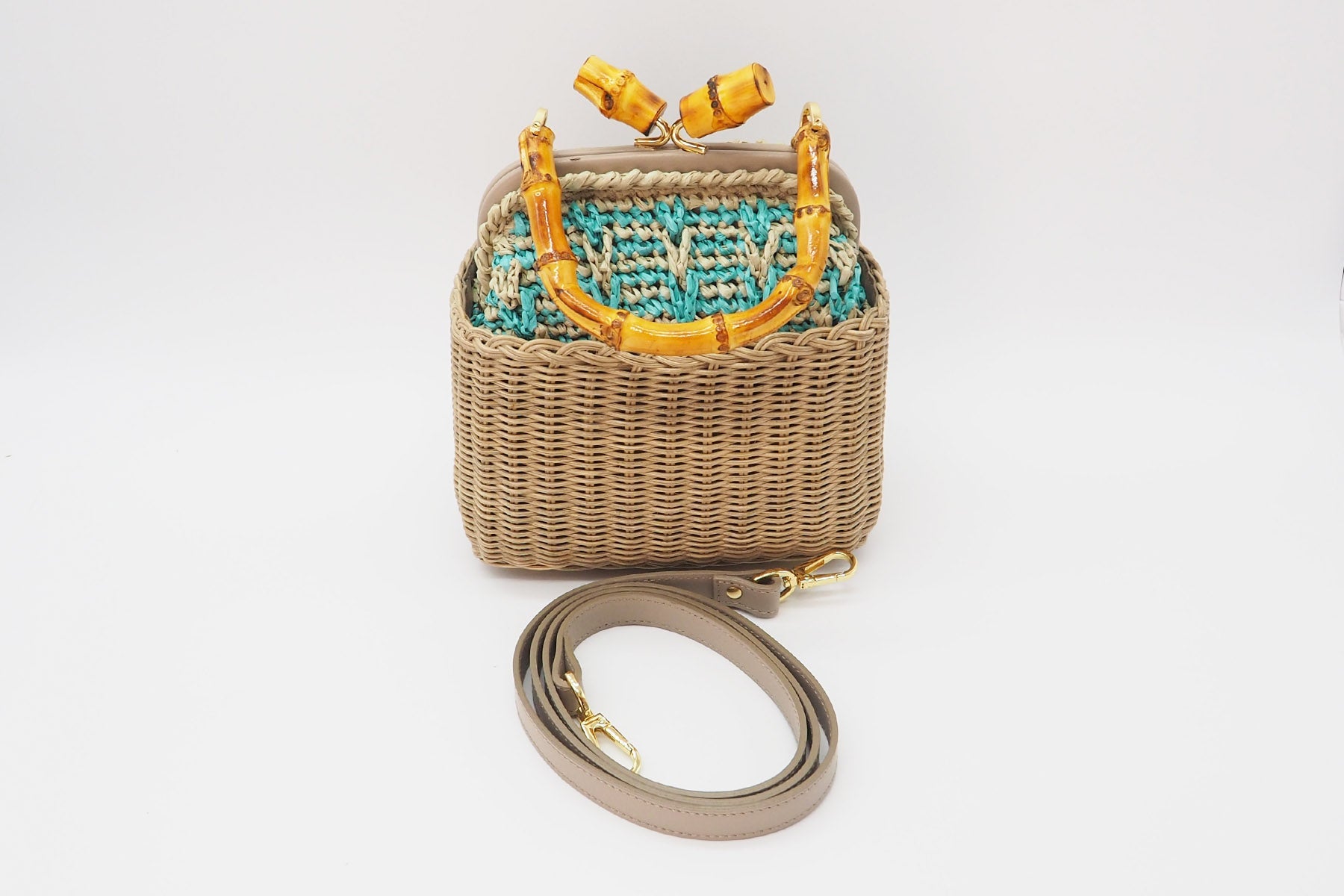 Crossbody-Tasche aus geflochtener Weide, Bast & Bambusgriff in Tope & Petrol Handtaschen Capaf