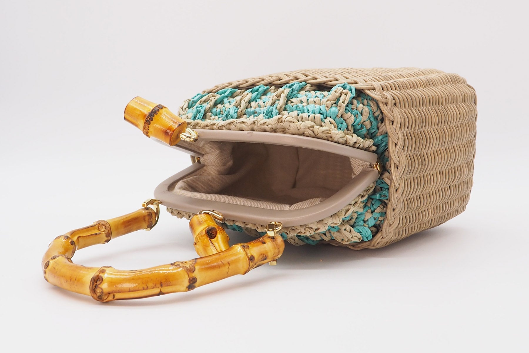 Crossbody-Tasche aus geflochtener Weide, Bast & Bambusgriff in Tope & Petrol Handtaschen Capaf