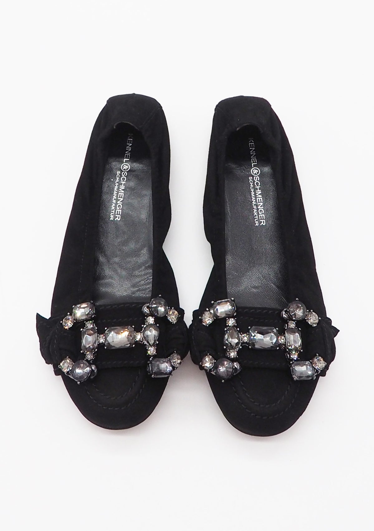 Damen Ballerina aus Veloursleder in Schwarz mit Schmucksteinbesatz - Absatz 1cm Damen Ballerinas Kennel & Schmenger