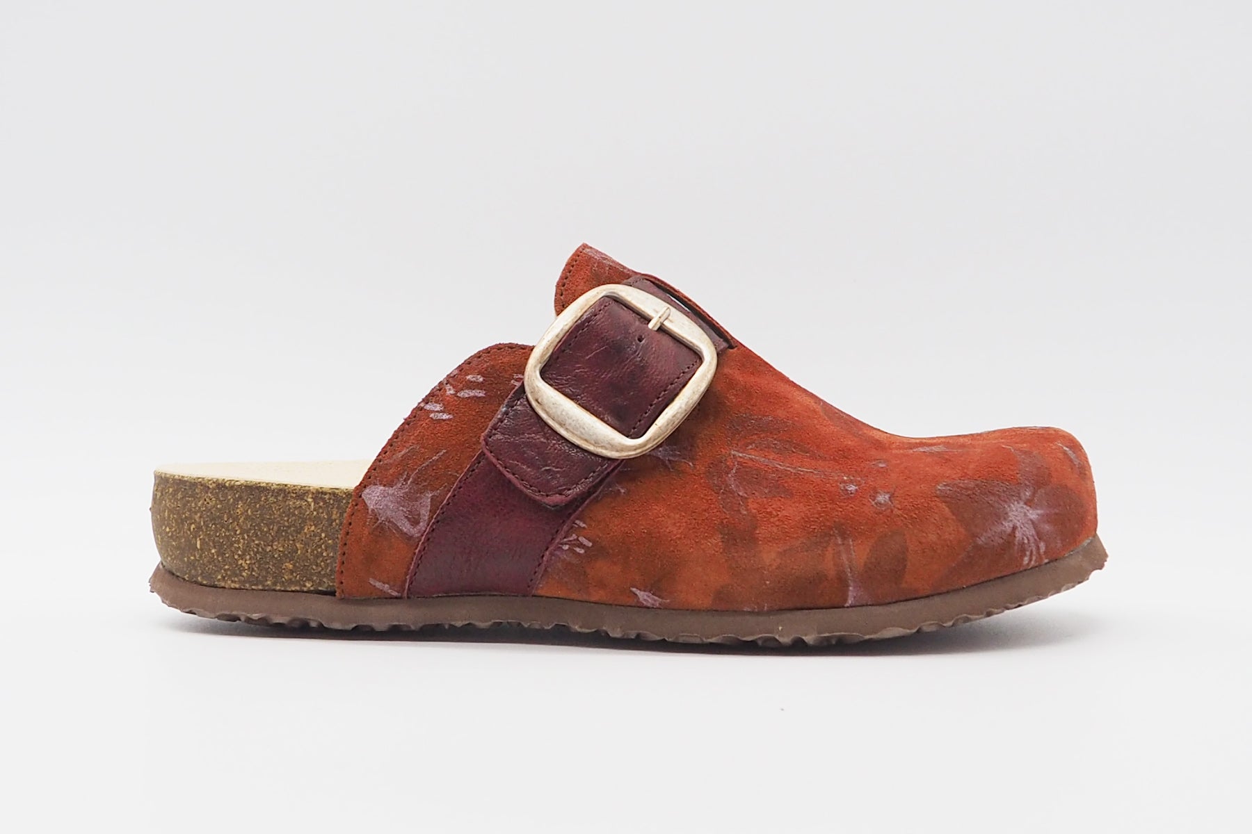 Damen Bio-Pantoffel "Julia" aus bedrucktem Veloursleder in Ziegel Damen Naturfußbett Think