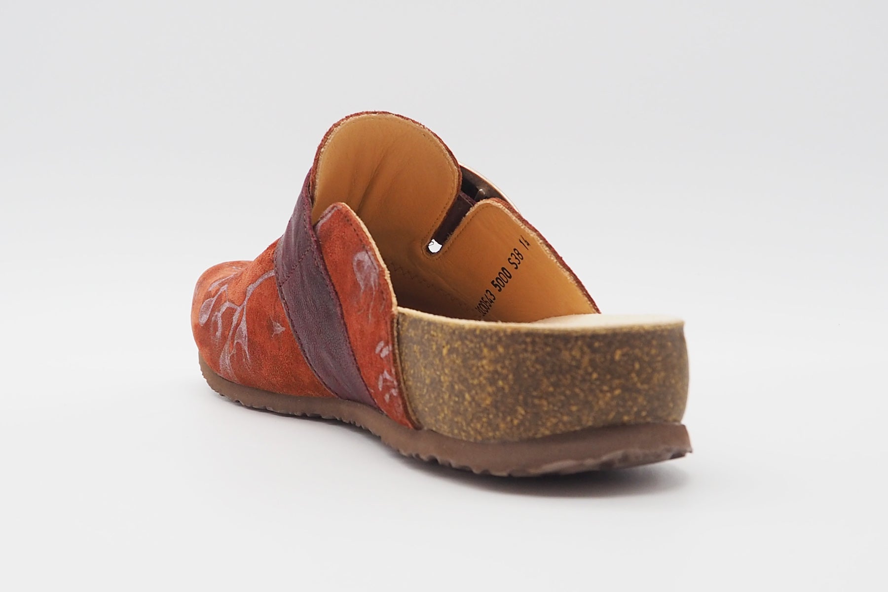 Damen Bio-Pantoffel "Julia" aus bedrucktem Veloursleder in Ziegel Damen Naturfußbett Think