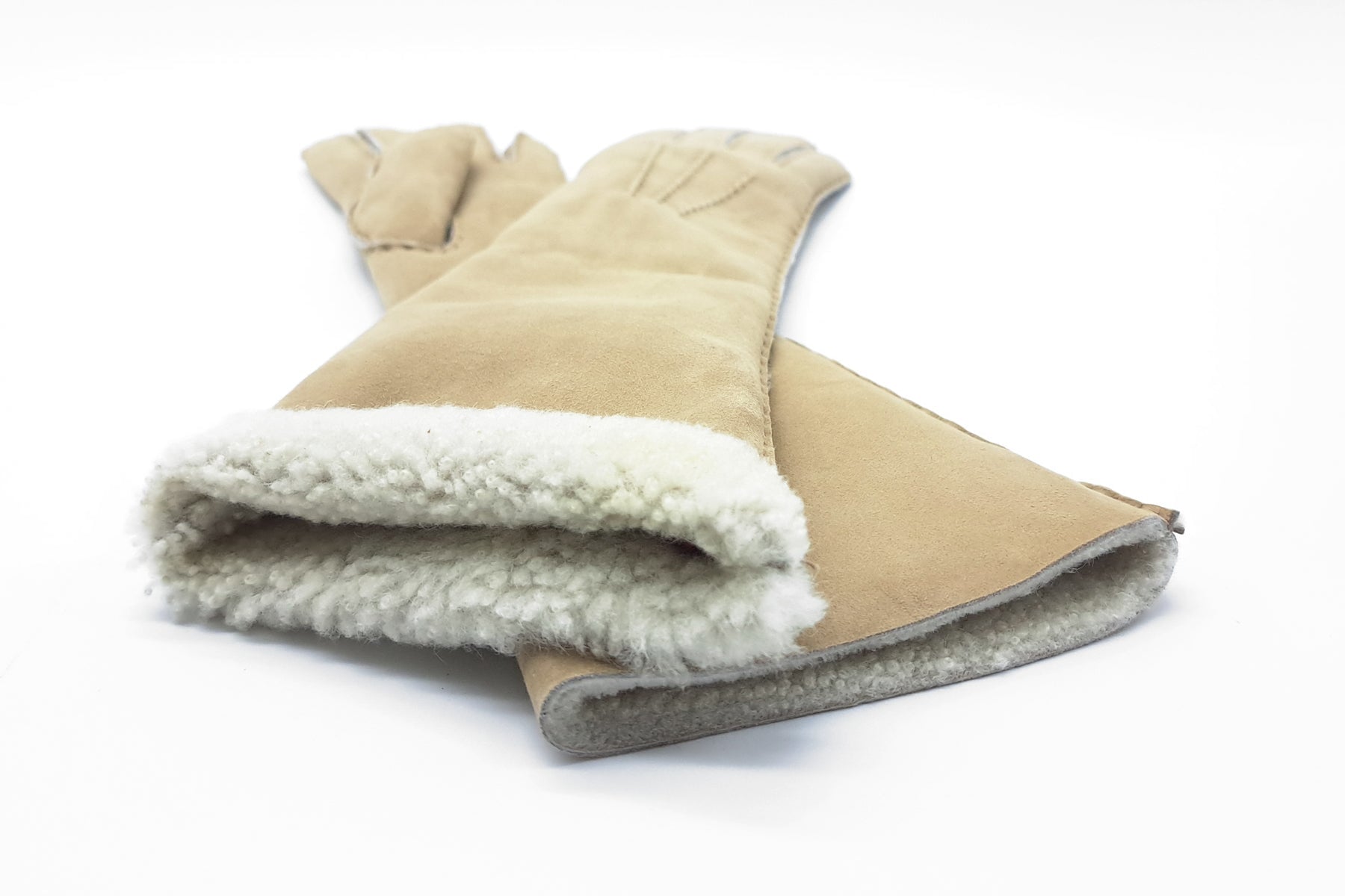 Damen Langschaft-Handschuhe aus Veloursleder in Sand - Innenfutter Lammfell Damen Handschuhe Caridei